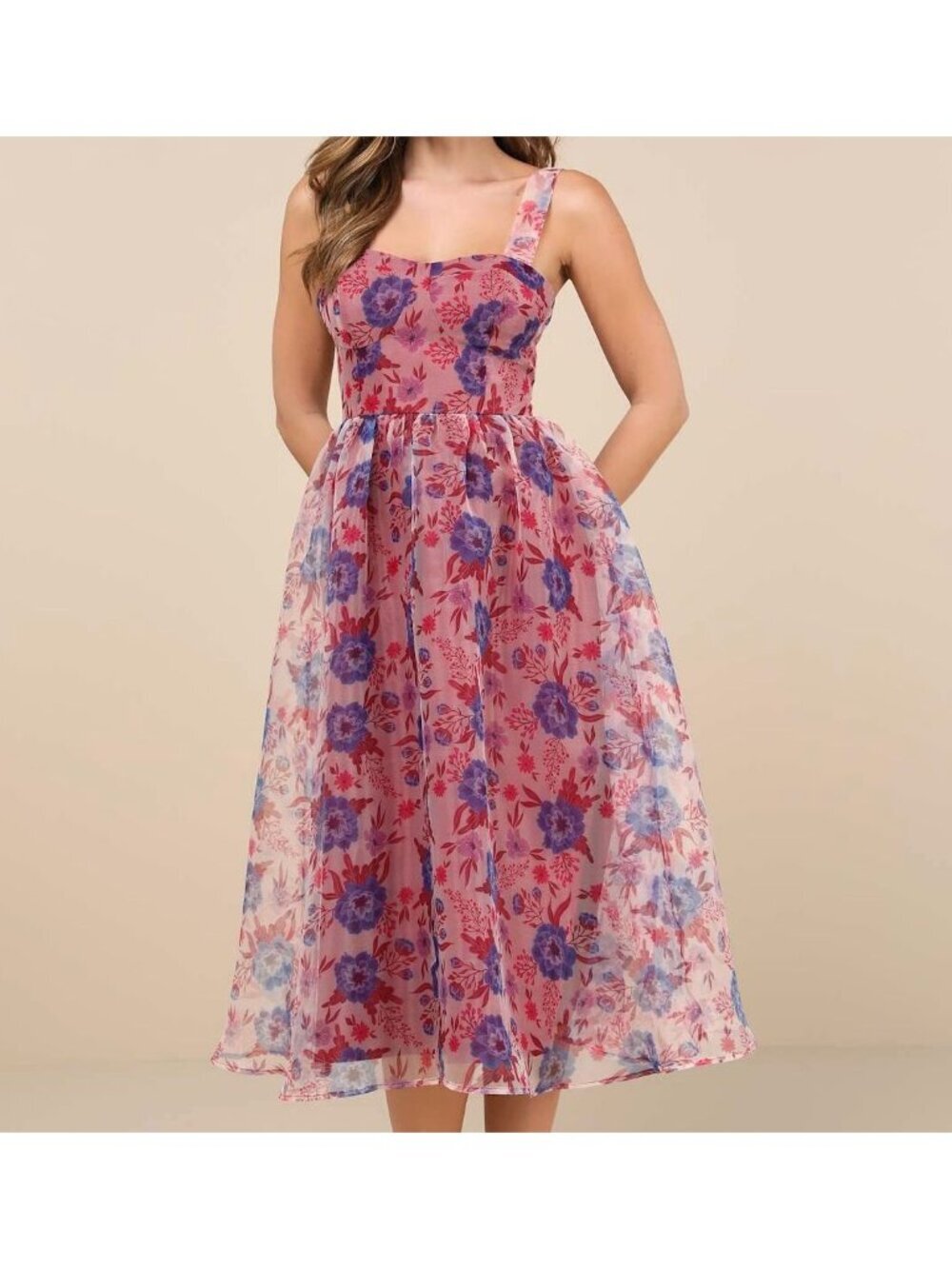 NWT Lulus Delightful Look Magenta Floral Print Bustier Midi Skater Dress Size S - Picture 1 of 9